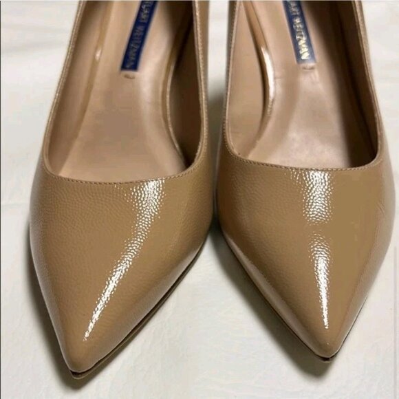 Stuart Weitzman Womens Patent Leather Point Toe Tan Heels - Picture 4 of 7